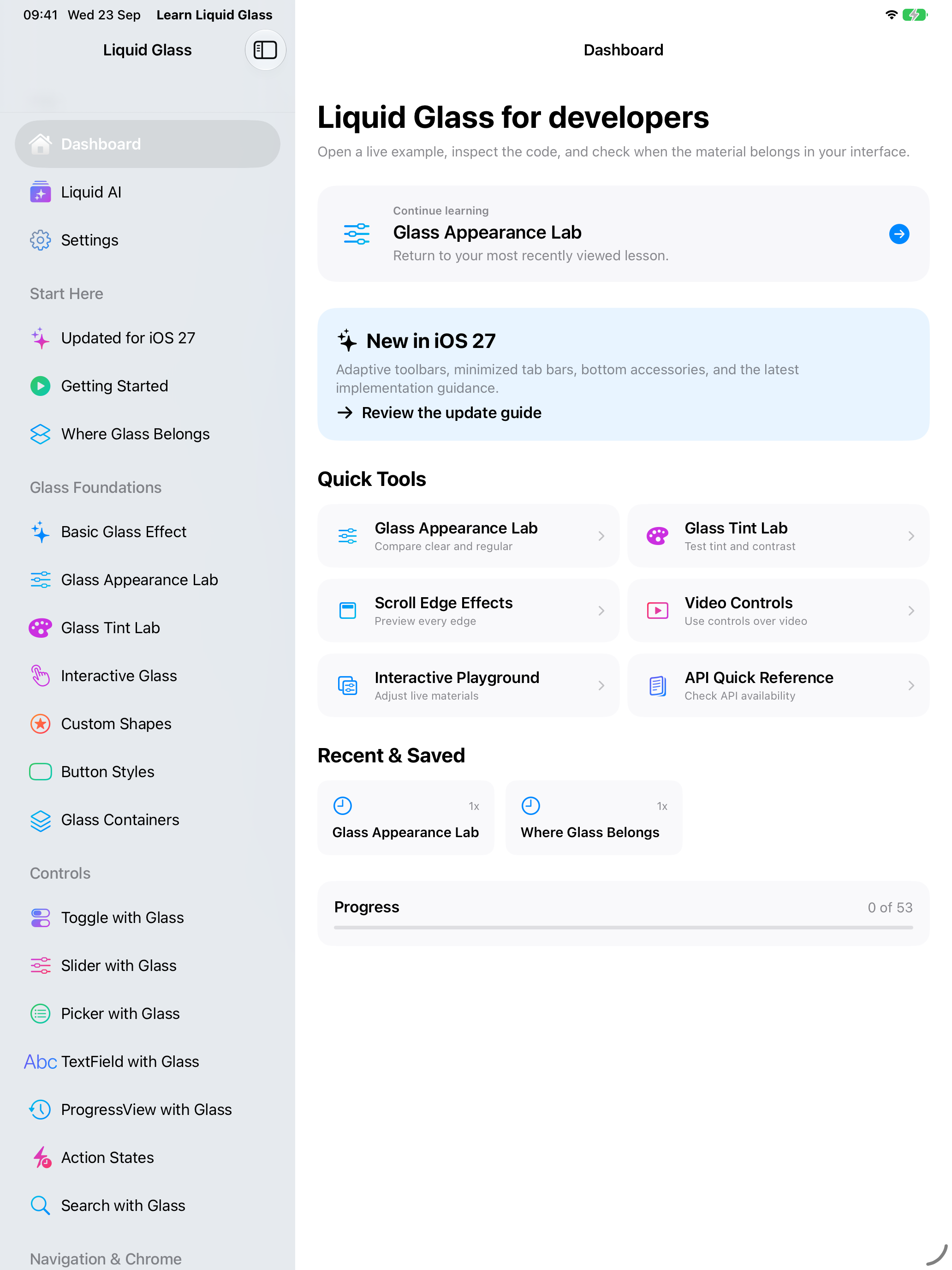 The Learn Liquid Glass home screen on iPad, with the lesson sidebar and quick tools visible together.