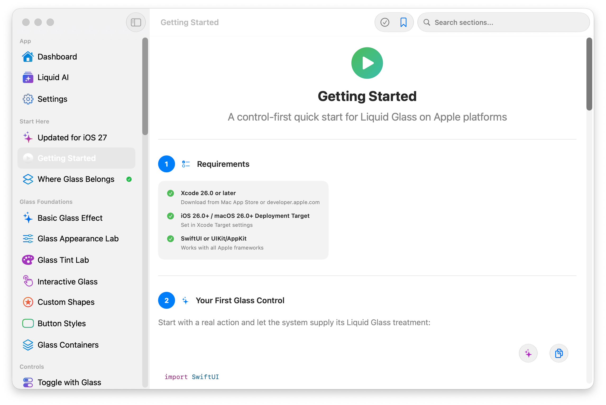 Learn Liquid Glass on Mac, showing the Getting Started lesson beside the full lesson sidebar.