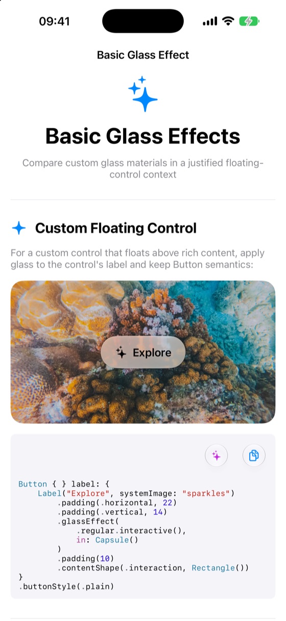 A Liquid Glass example on iPhone with a floating glass button over a photo and its Swift source beneath.