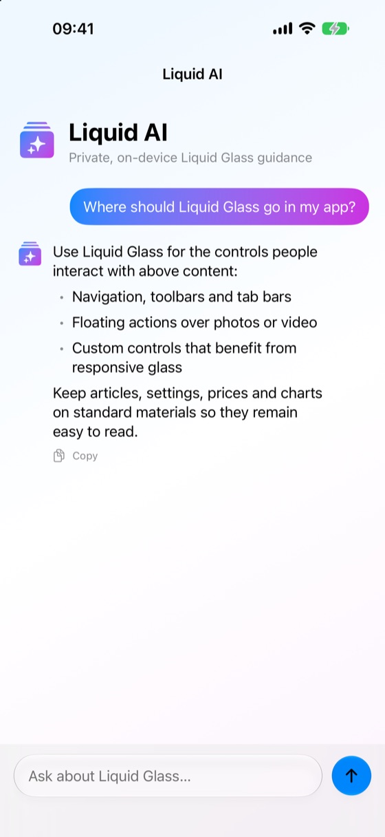 The Liquid AI screen on iPhone answering a question about where Liquid Glass belongs.