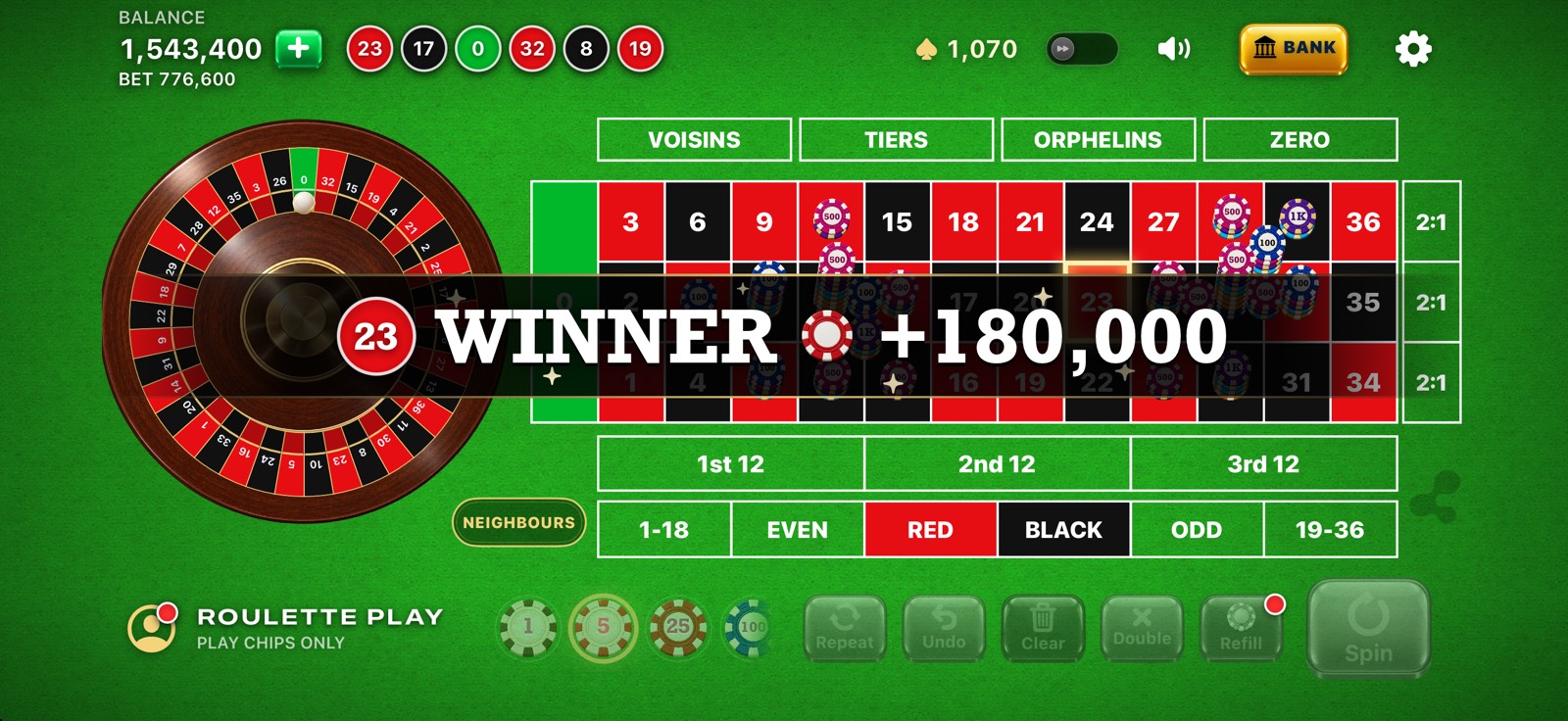 Roulette Play on iPhone in landscape, showing the winning number 23 in a result banner across the table.